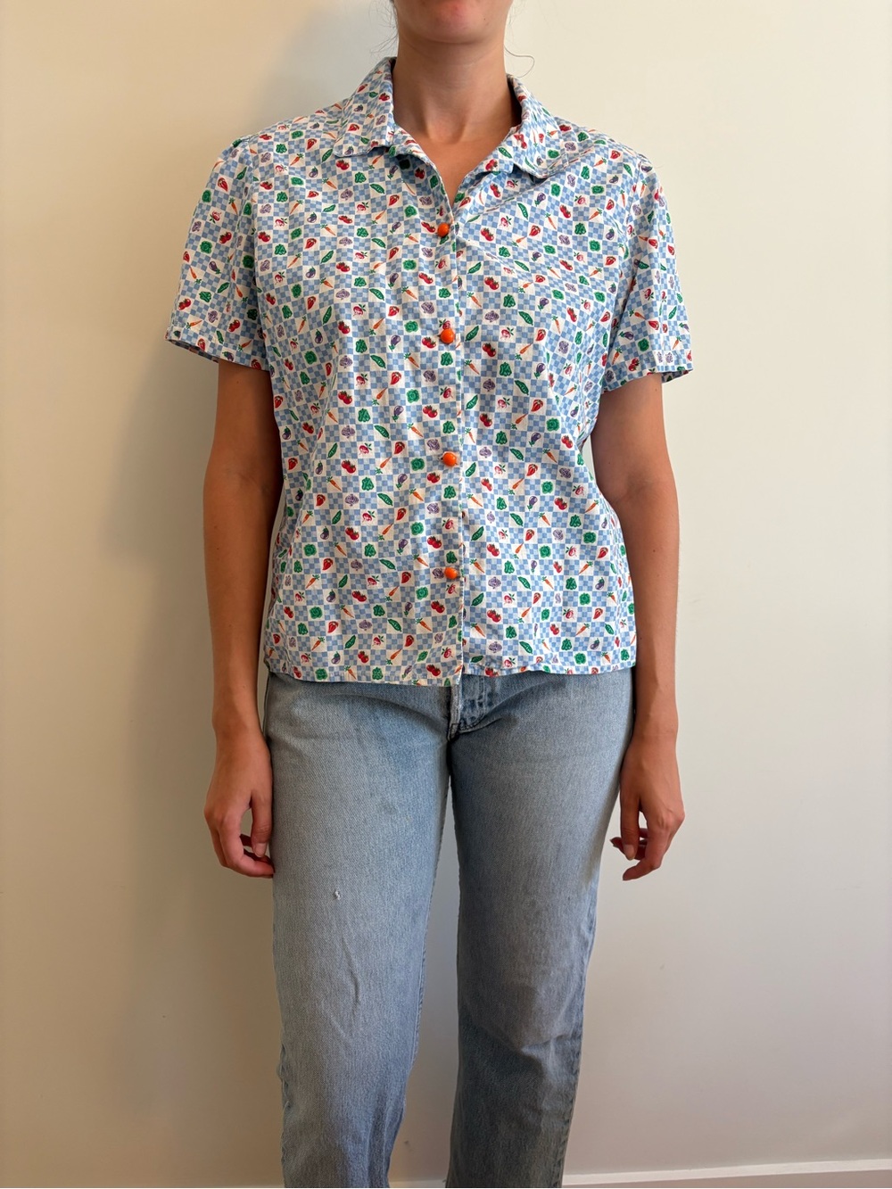 Short-Sleeve veggie vegetable Print Button-Up Shirt - White/Multicolor